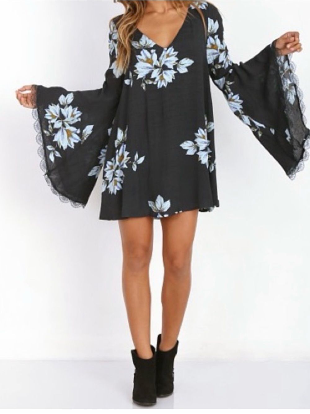 Free People Wanderer Dress Charcoal Blue Floral Women’s Size Medium